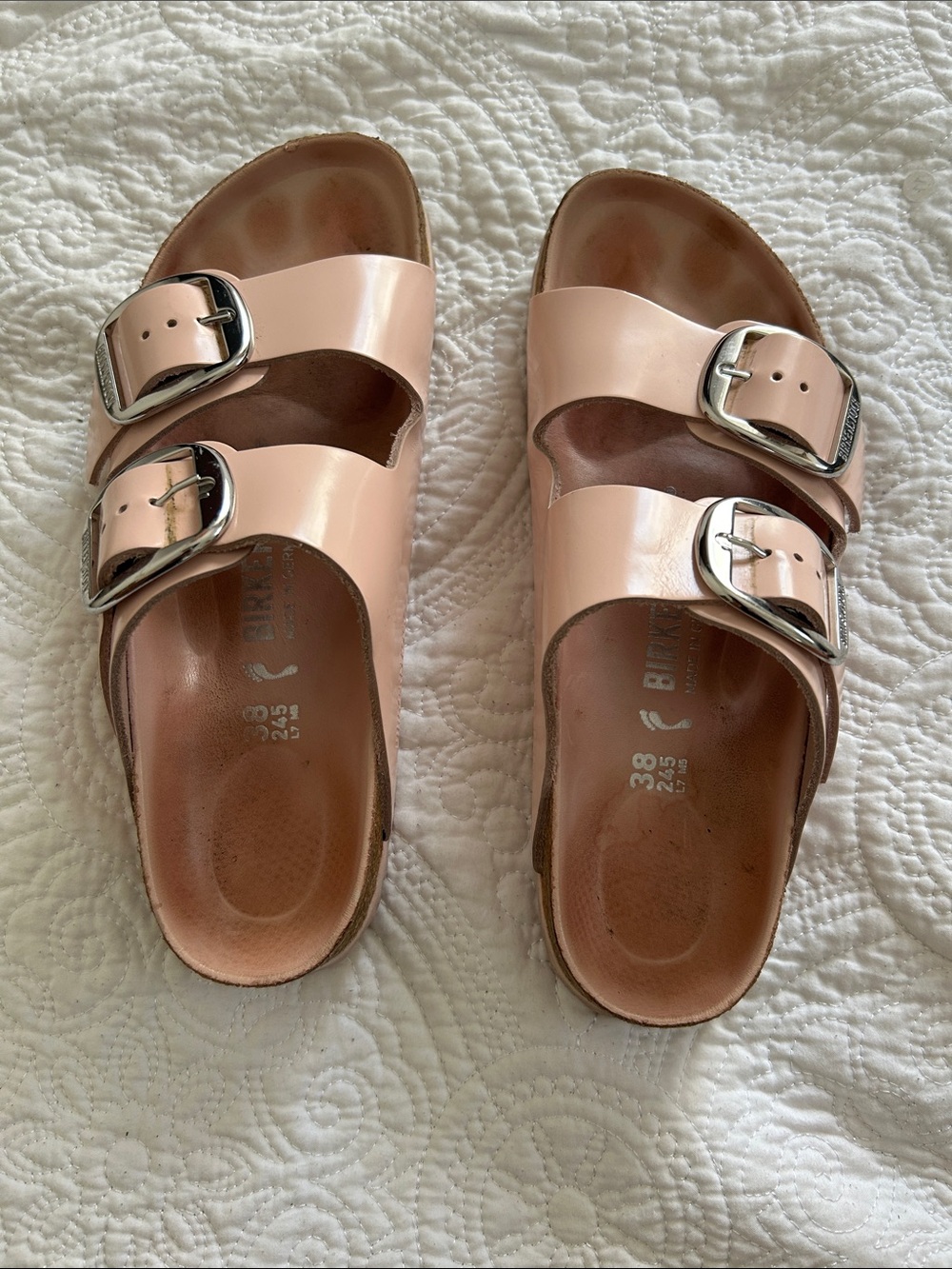 Birkenstock Arizona Patent Two-Strap Sandals in Blush Pink